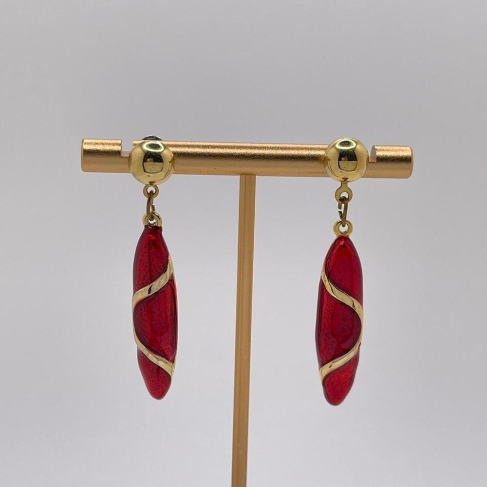 VTG 80s Funky Abstract‎ Earrings Dangle Eccentric Red Gold Retro Glam Geometric